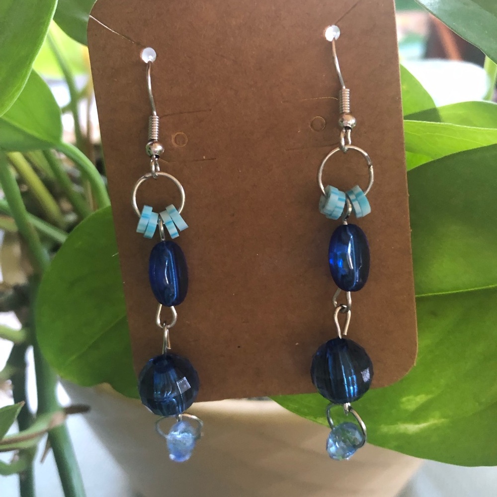 Handmade Blue Beaded Dangle Earrings